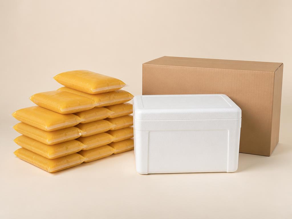 Bolsas de pulpa congelada listas para envío con hielera y caja