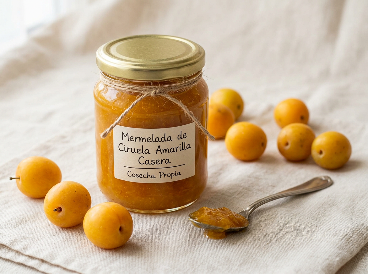 Frasco de mermelada casera de ciruela amarilla con pan